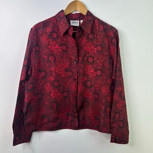 Vintage Chico’s Design 100% Silk Red Black Floral Asian Button Up Top Shirt Sz 1